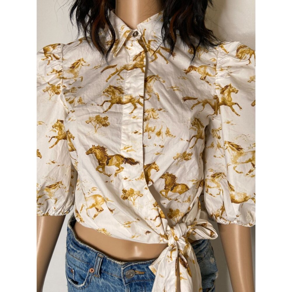 Ganni Weston Horse Print Wrap Blouse Puff Sleeve Button Down White XS - Picture 6 of 10